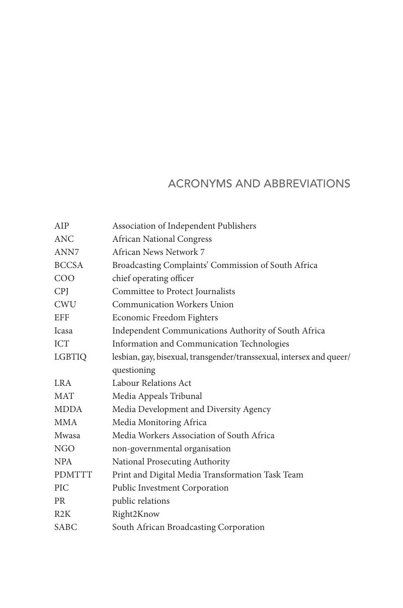 Acronyms and Abbreviations Power and Loss in South African Journalism