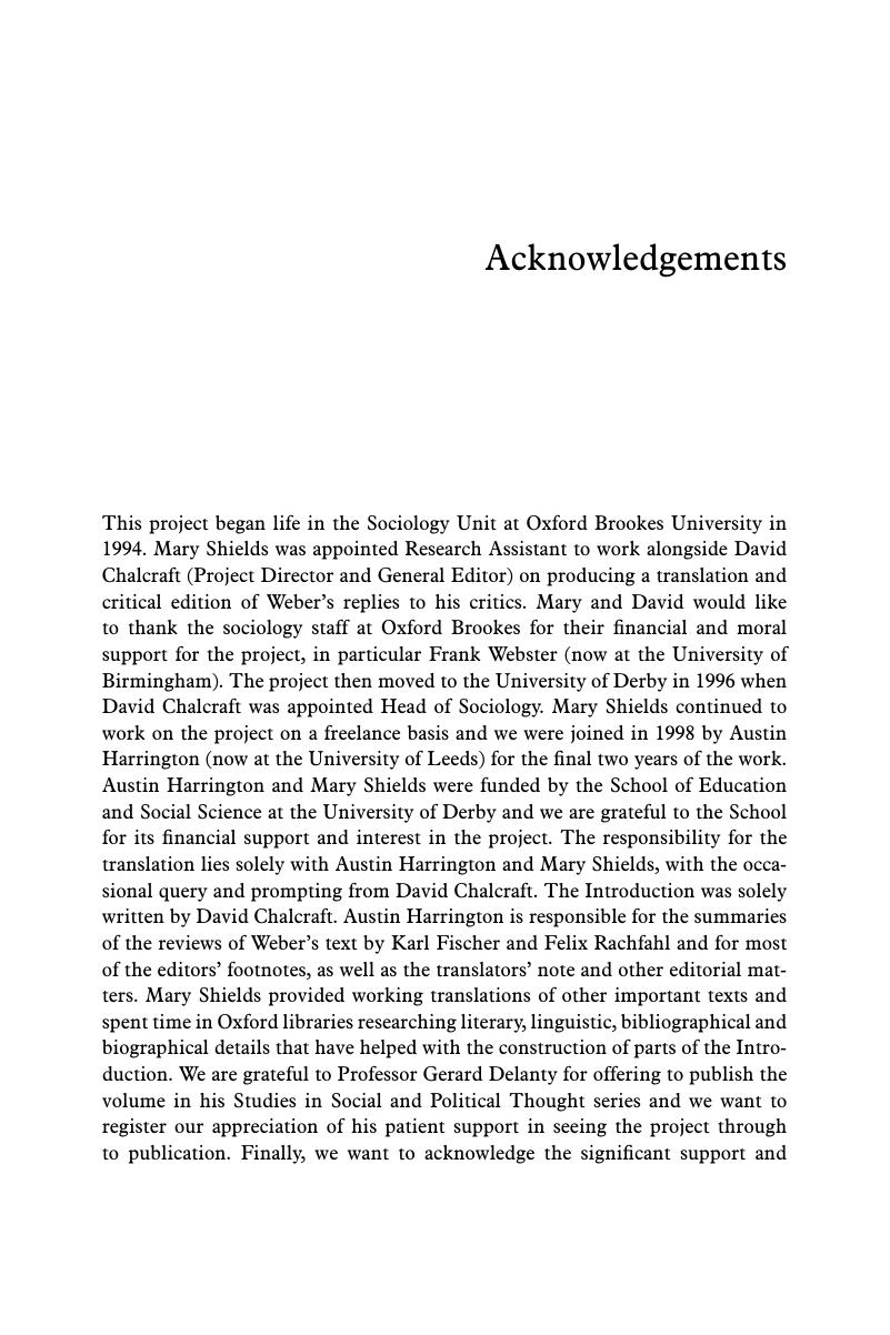 Acknowledgements - The Protestant Ethic Debate