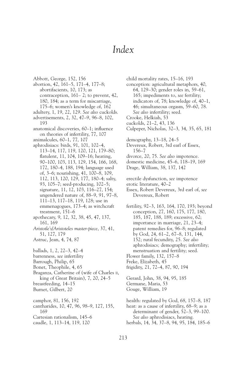 Index Aphrodisiacs Fertility and Medicine in Early Modern England