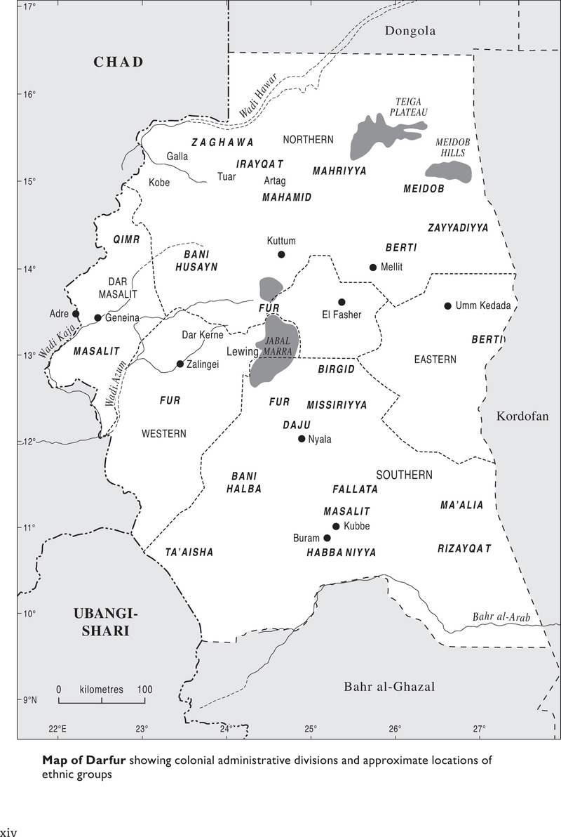 Map of Darfur showing colonial administrative divisions and ethnic ...