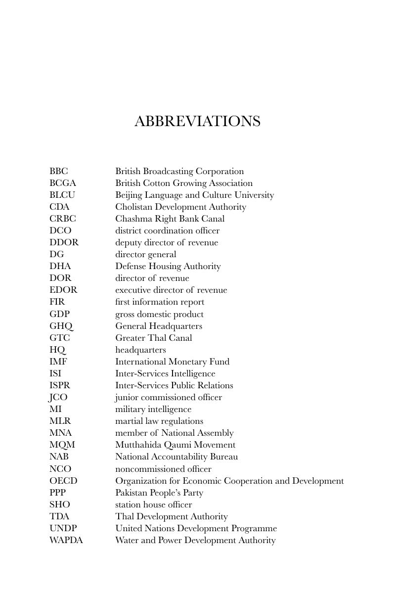 Abbreviations The Military And Denied Development In The Pakistani Punjab   FirstPage 9781783082988loa Pxi Xii CBO 