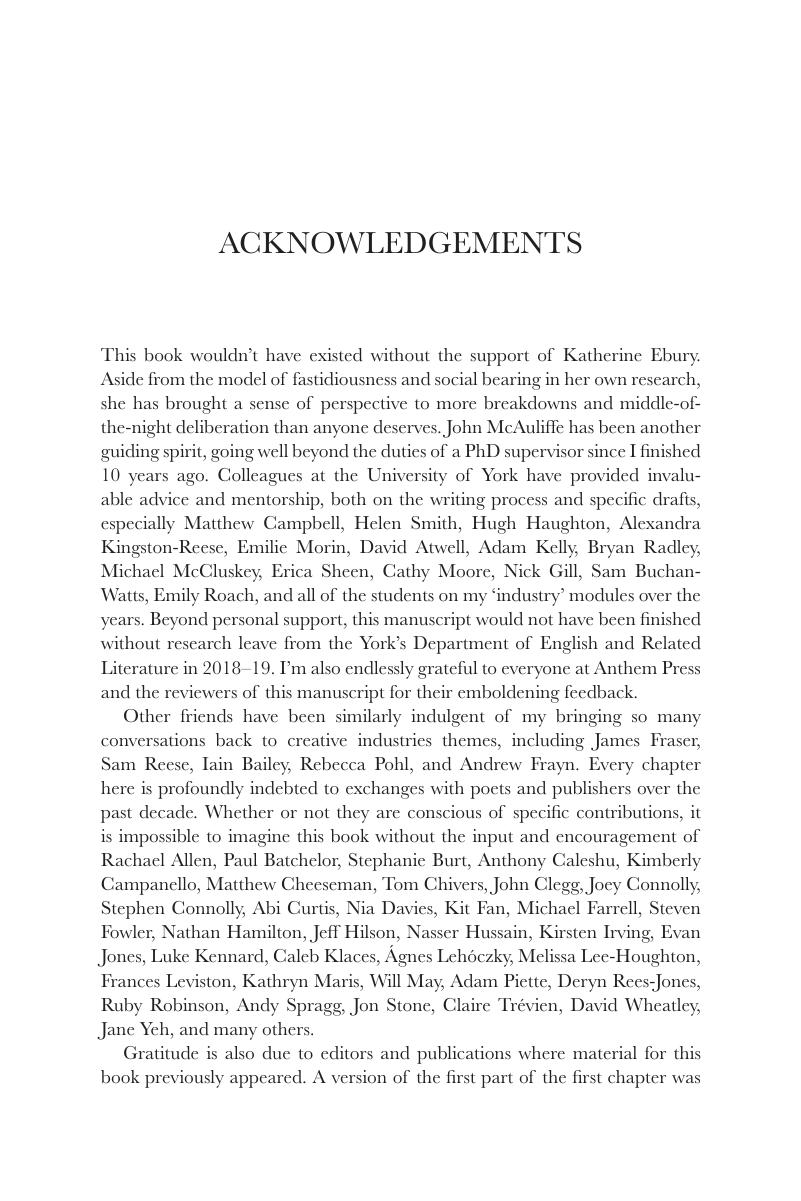 Acknowledgements - The Selling And Self-regulation Of Contemporary Poetry