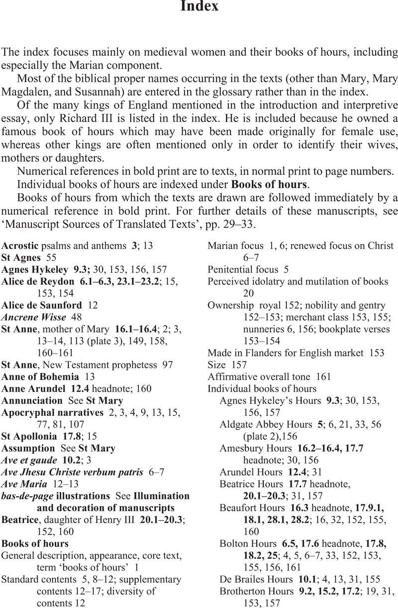 Index Women s Books of Hours in Medieval England