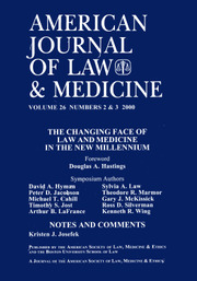American Journal of Law & Medicine Volume 26 - Issue 2-3 -  The Changing Face of Law and Medicine in the New Millennium