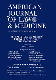 American Journal of Law & Medicine Volume 27 - Issue 2-3 -  Perspectives on Medical Error: Reactions to the IOM Report